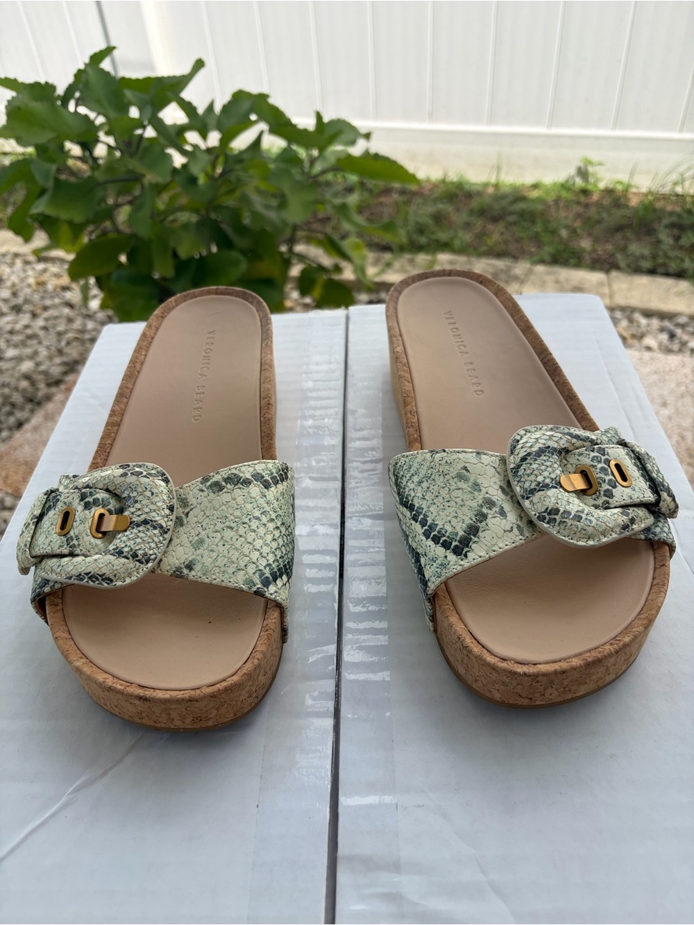 Veronica Beard Light Green Snake-Print Cork Platform Slide Sandals